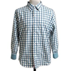 Robert Graham Mens 2XL Blue White Plaid Long Sleeve Button Up Shirt Flip Cuff